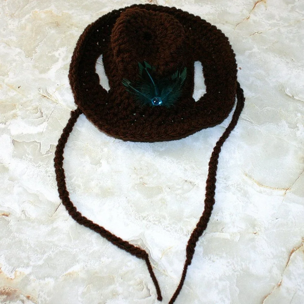 HAND CRAFTED Cowboy Dog Crochet Hat Brown Costume Pet Supply Photo Prop